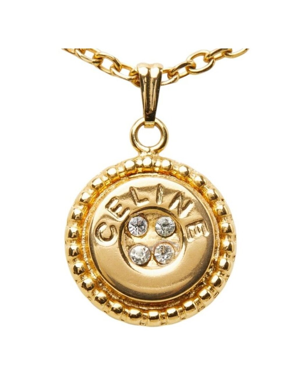 ★SOLD★ Celine Logo Chain Pendant Round Gold Rhinestone Plated - Picture 2 of 6